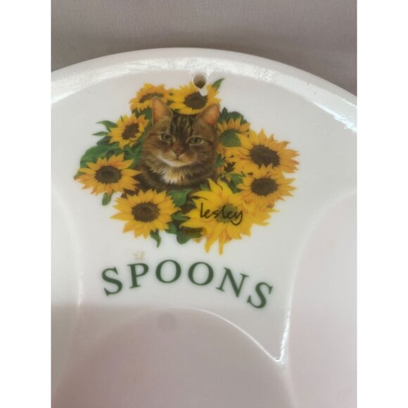 Ceramic 3 Slot  Spoon Rest with Sun Flowers & a Cat - Picture 4 of 4